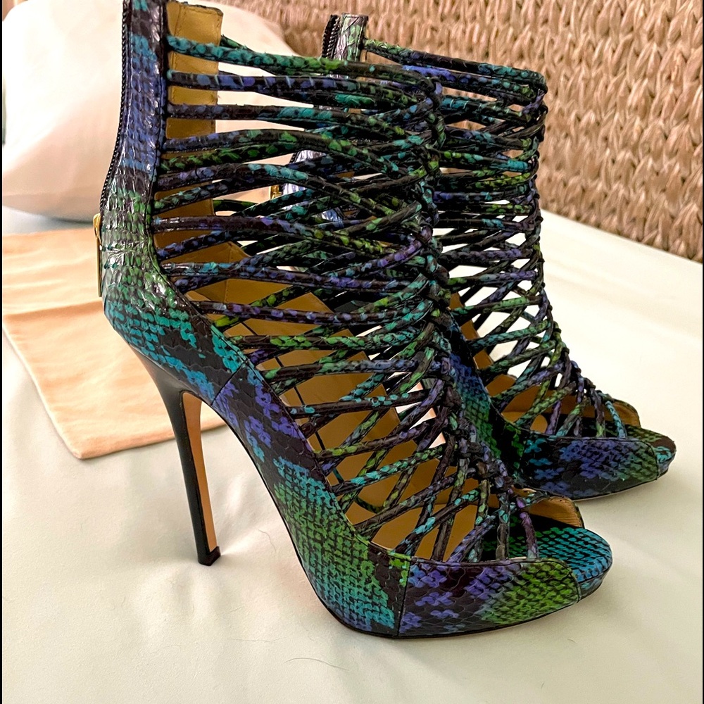 Jimmy Choo heels. Green/blue/purple leather. Worn one time